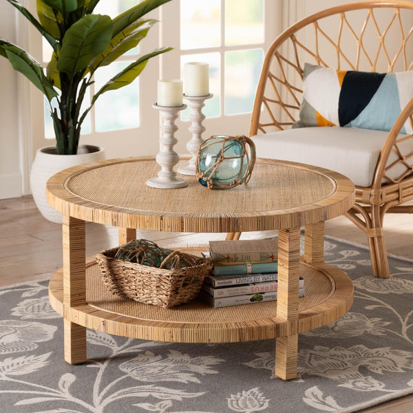 Baxton Studio bali Kalimantan Bohemian Coffee Table with Honey Rattan and Mahogany - Stylish, Handmade Elegance Round KALIMANTAN-Light Honey Round-Rattan-Coffee Table