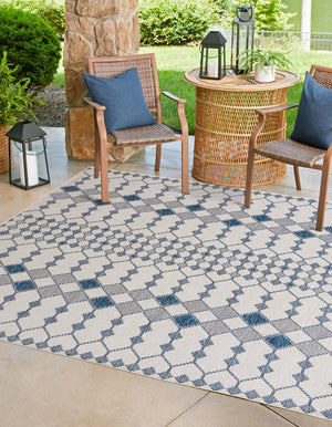 Unique Loom Outdoor Trellis Traliccio Machine Made Trellis Rug Ivory, Navy Blue 10' 0" x 10' 0"