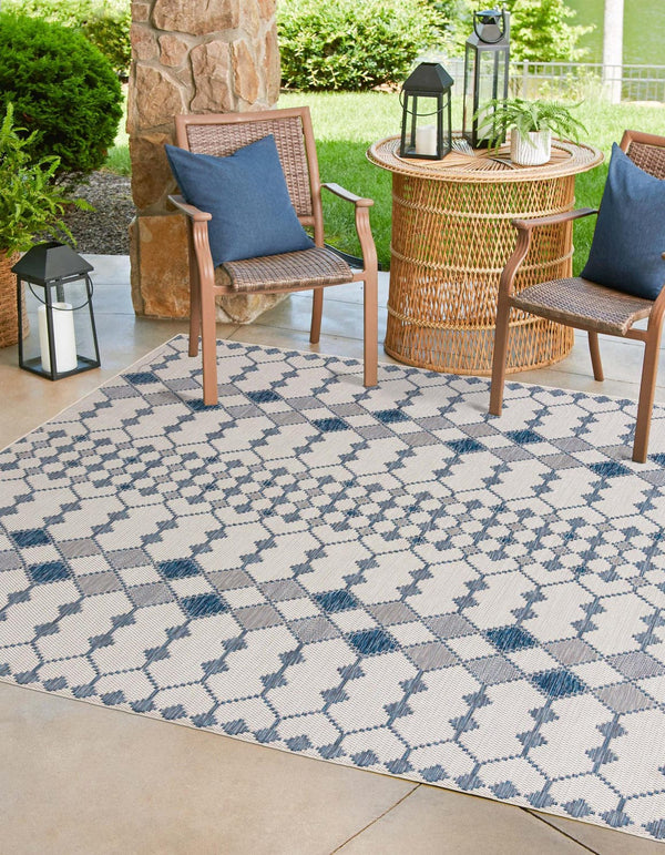 Unique Loom Outdoor Trellis Traliccio Machine Made Trellis Rug Ivory, Navy Blue 10' 0" x 10' 0"