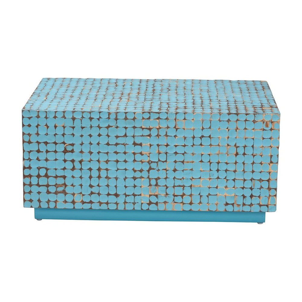 Baxton Studio bali Nitza Bohemian Blue Coconut Shell & Acacia Wood Coffee Table – Handcrafted Island Elegance Piedras-Blue Coconut Tiled-CT