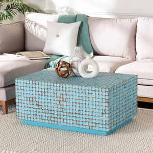 Baxton Studio bali Nitza Bohemian Blue Coconut Shell & Acacia Wood Coffee Table – Handcrafted Island Elegance Piedras-Blue Coconut Tiled-CT