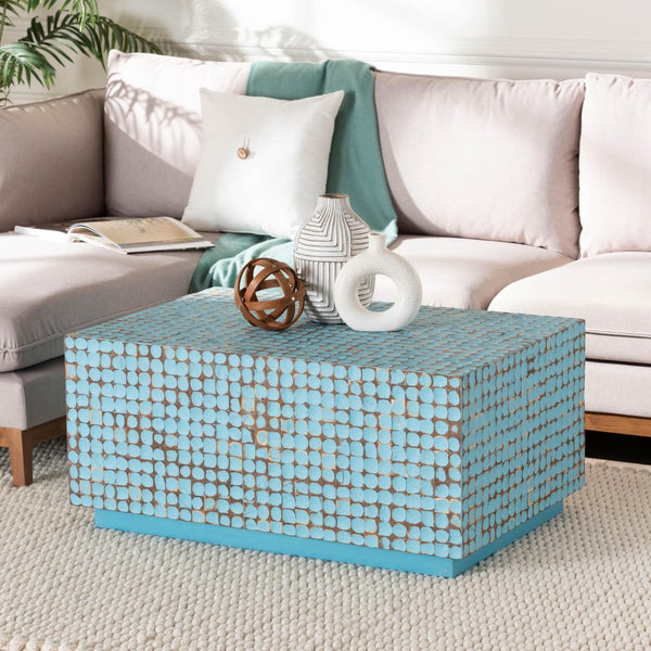 Baxton Studio bali Nitza Bohemian Blue Coconut Shell & Acacia Wood Coffee Table – Handcrafted Island Elegance Piedras-Blue Coconut Tiled-CT