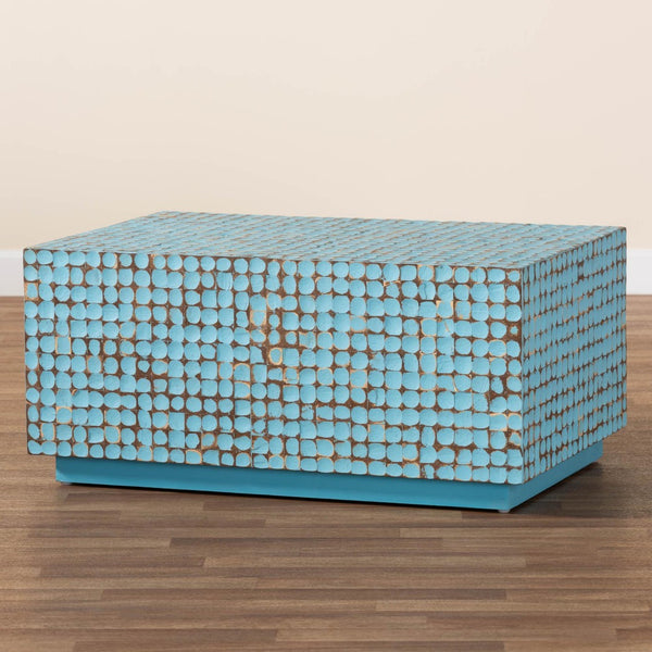 Baxton Studio bali Nitza Bohemian Blue Coconut Shell & Acacia Wood Coffee Table – Handcrafted Island Elegance Piedras-Blue Coconut Tiled-CT