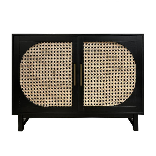 Crestview Collection Transitional Cabinet With Rattan Panels & Gold Accents - Stylish Storage For Modern Living Rooms Black Solid Wood Cvfdr1176