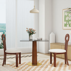 English Elm Modern Square Dining Table - 33.5" Tempered Glass Top With Wooden Legs & Gold Base, Perfect For 2! W1535S00597