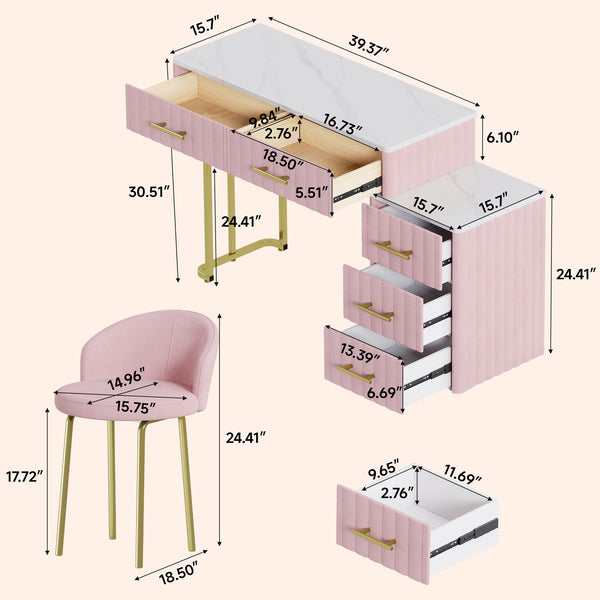 English Elm Velvet Upholstered Vanity Desk Set with Marble-Look Top, Padded Chair, 5 Spacious Drawers & Gold Accents Pink 17.5 L x 16.3 W x 16.1 H N733S272606H
