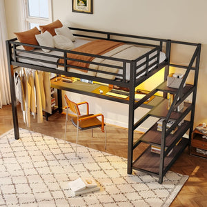 English Elm Twin Xl Metal Loft Bed with Stair Storage Shelves Sturdy Steel Frame for Dorms W1580S00481