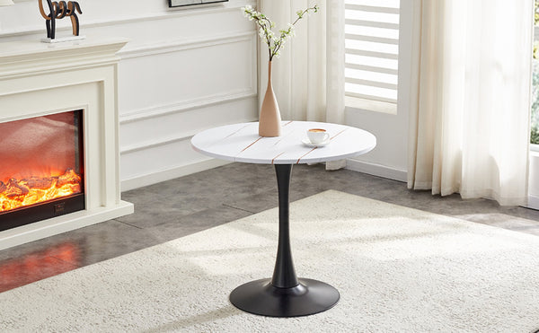 English Elm Round Faux Marble Tulip Pedestal Dining Table Mid Century Modern for Small Bistro Spaces Black White W2920P400972