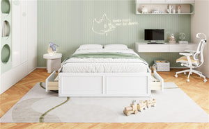 English Elm Wood Queen Platform Bed Solid Pine Frame Six Storage Drawers No Box Spring Needed White N709P241723K-1
