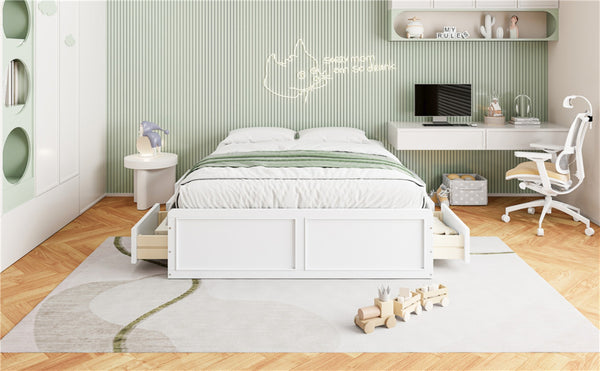 English Elm Wood Queen Platform Bed Solid Pine Frame Six Storage Drawers No Box Spring Needed White N709P241723K-1
