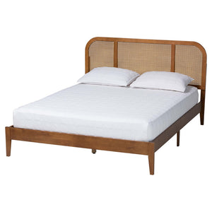 Baxton Studio Baxton Studio Fleur Queen Size Bed - Mid-Century Platform Design with Woven Rattan Accents BBT61173-Walnut Wood-Queen-Bed