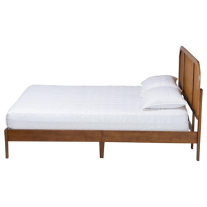 Baxton Studio Baxton Studio Fleur Queen Size Bed - Mid-Century Platform Design with Woven Rattan Accents BBT61173-Walnut Wood-Queen-Bed