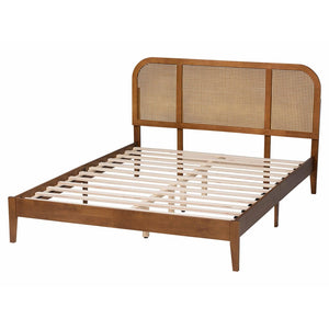 Baxton Studio Baxton Studio Fleur Queen Size Bed - Mid-Century Platform Design with Woven Rattan Accents BBT61173-Walnut Wood-Queen-Bed