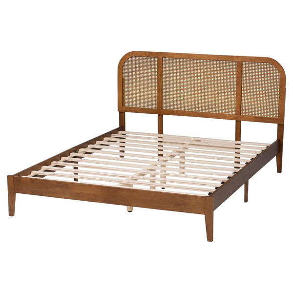 Baxton Studio Baxton Studio Fleur Queen Size Bed - Mid-Century Platform Design with Woven Rattan Accents BBT61173-Walnut Wood-Queen-Bed
