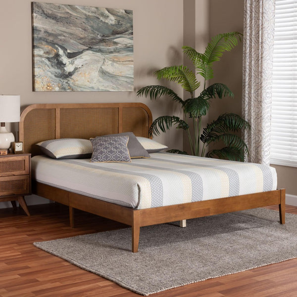 Baxton Studio Baxton Studio Fleur Queen Size Bed - Mid-Century Platform Design with Woven Rattan Accents BBT61173-Walnut Wood-Queen-Bed