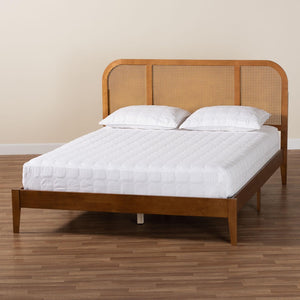 Baxton Studio Baxton Studio Fleur Queen Size Bed - Mid-Century Platform Design with Woven Rattan Accents BBT61173-Walnut Wood-Queen-Bed