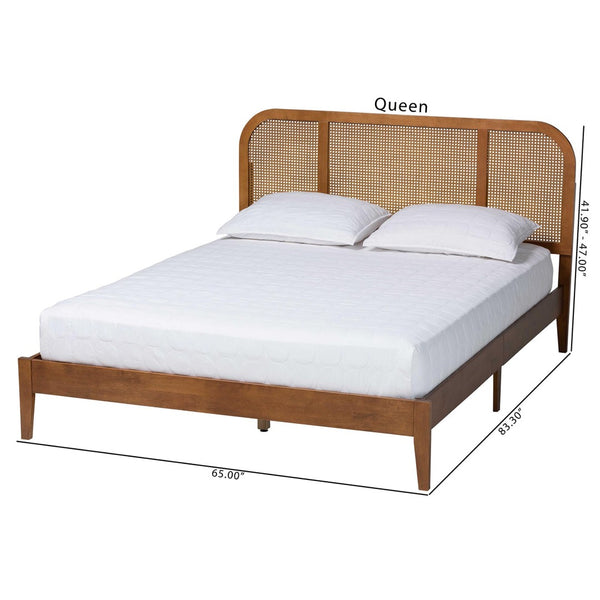 Baxton Studio Baxton Studio Fleur Queen Size Bed - Mid-Century Platform Design with Woven Rattan Accents BBT61173-Walnut Wood-Queen-Bed