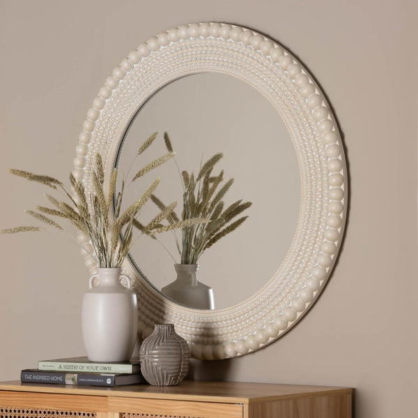 Baxton Studio Baxton Studio Grazia Elegant Round Beaded Accent Mirror in Pearl White for Stylish Home Décor JY23A389-Mirror