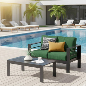 English Elm 43" Outdoor Aluminum Coffee Table Wpc Slatted Top Rust Proof Modern Patio Lounge B082P454979