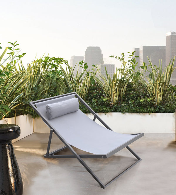 English Elm Velian Folding Outdoor Aluminum Deck Chair — Gray Powder Coat, Water/UV Resistant Sling, Padded Headrest B2736P354396