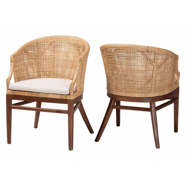 Baxton Studio bali Bohemian Dining Chair Set - 2-Piece Light Honey Rattan & Wood with Removable Cushions Lumajang-Light Honey/Light Brown Rattan-DC