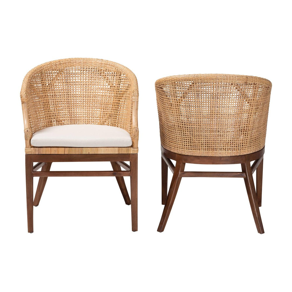 Baxton Studio bali Bohemian Dining Chair Set - 2-Piece Light Honey Rattan & Wood with Removable Cushions Lumajang-Light Honey/Light Brown Rattan-DC