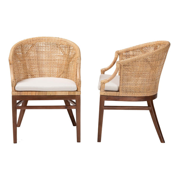 Baxton Studio bali Bohemian Dining Chair Set - 2-Piece Light Honey Rattan & Wood with Removable Cushions Lumajang-Light Honey/Light Brown Rattan-DC