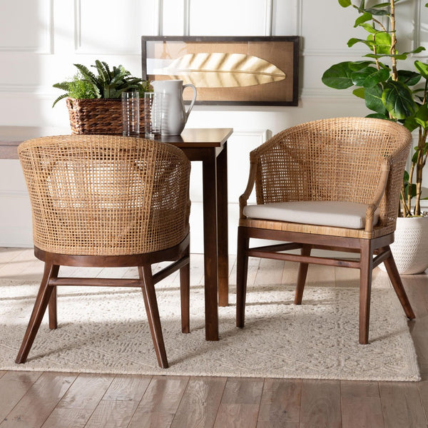 Baxton Studio bali Bohemian Dining Chair Set - 2-Piece Light Honey Rattan & Wood with Removable Cushions Lumajang-Light Honey/Light Brown Rattan-DC
