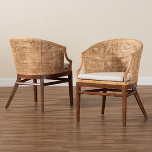 Baxton Studio bali Bohemian Dining Chair Set - 2-Piece Light Honey Rattan & Wood with Removable Cushions Lumajang-Light Honey/Light Brown Rattan-DC