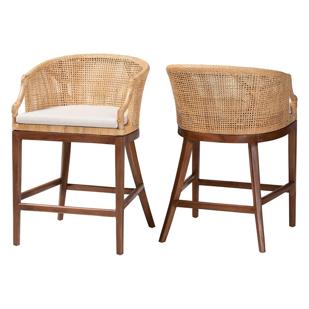 Baxton Studio bali Lumajang Bohemian Counter Stool Set - Handcrafted Rattan & Acacia Wood, 2-Piece Comfort Style Lumajang-Light Honey/Light Brown Rattan-CS