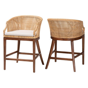 Baxton Studio bali Lumajang Bohemian Counter Stool Set - Handcrafted Rattan & Acacia Wood, 2-Piece Comfort Style Lumajang-Light Honey/Light Brown Rattan-CS