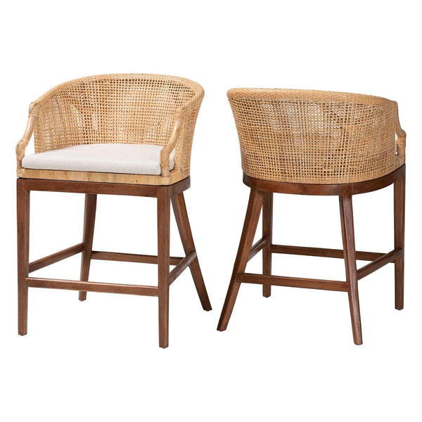 Baxton Studio bali Lumajang Bohemian Counter Stool Set - Handcrafted Rattan & Acacia Wood, 2-Piece Comfort Style Lumajang-Light Honey/Light Brown Rattan-CS