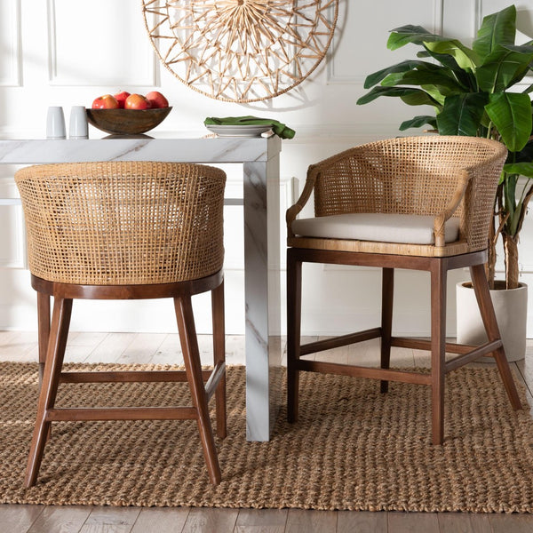 Baxton Studio bali Lumajang Bohemian Counter Stool Set - Handcrafted Rattan & Acacia Wood, 2-Piece Comfort Style Lumajang-Light Honey/Light Brown Rattan-CS