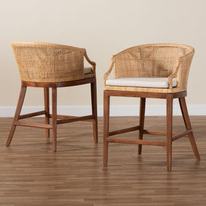 Baxton Studio bali Lumajang Bohemian Counter Stool Set - Handcrafted Rattan & Acacia Wood, 2-Piece Comfort Style Lumajang-Light Honey/Light Brown Rattan-CS