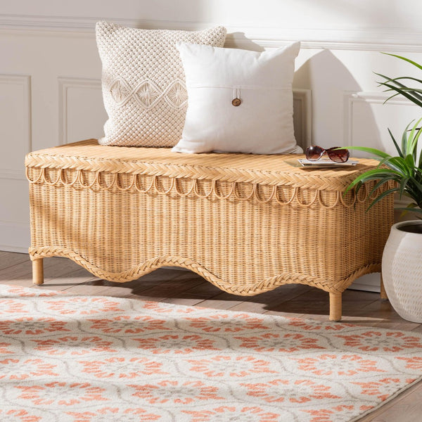 Baxton Studio bali Erla Bohemian Honey Rattan Accent Bench with Scalloped Edge - Handcrafted Island Charm Indiana-Light Honey Rattan-Bench