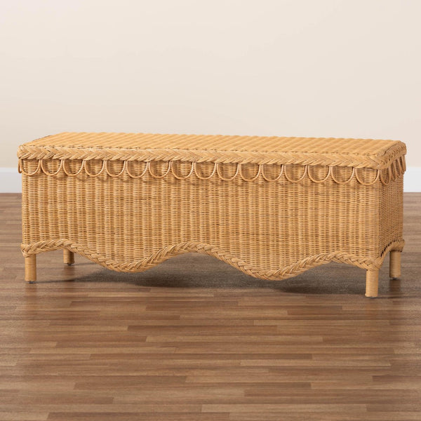 Baxton Studio bali Erla Bohemian Honey Rattan Accent Bench with Scalloped Edge - Handcrafted Island Charm Indiana-Light Honey Rattan-Bench