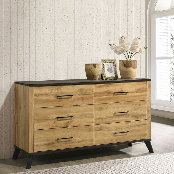 English Elm Fraser Rustic Two-Tone Pine 6-Drawer Dresser Cabinet with Weathered Brown Top, Splayed Legs, 60" B062P378459