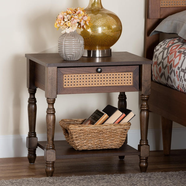 Baxton Studio Baxton Studio Roden Nightstand - Mid-Century Dark Brown Design with Rattan & Open Shelf Storage Roden-Brown-Nightstand