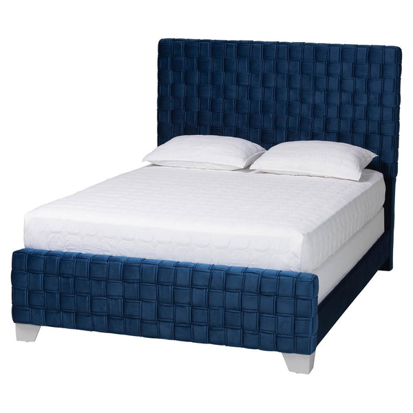 Baxton Studio Baxton Studio Emlyn Glam Velvet Queen Bed - Luxe Navy Blue Design with Basketweave Headboard & Footboard Emlyn-Navy Blue-Queen