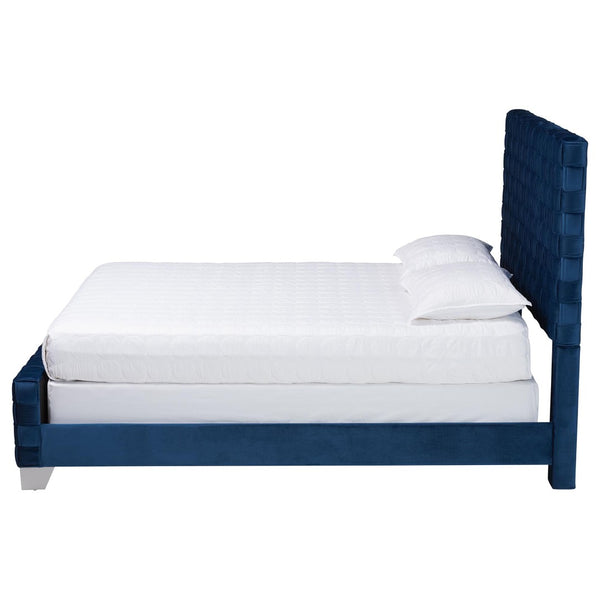 Baxton Studio Baxton Studio Emlyn Glam Velvet Queen Bed - Luxe Navy Blue Design with Basketweave Headboard & Footboard Emlyn-Navy Blue-Queen
