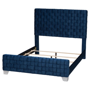 Baxton Studio Baxton Studio Emlyn Glam Velvet Queen Bed - Luxe Navy Blue Design with Basketweave Headboard & Footboard Emlyn-Navy Blue-Queen