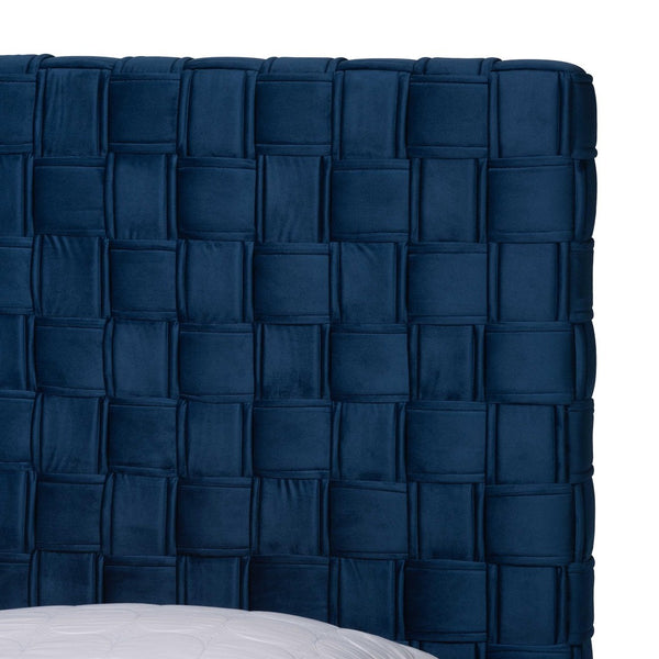 Baxton Studio Baxton Studio Emlyn Glam Velvet Queen Bed - Luxe Navy Blue Design with Basketweave Headboard & Footboard Emlyn-Navy Blue-Queen