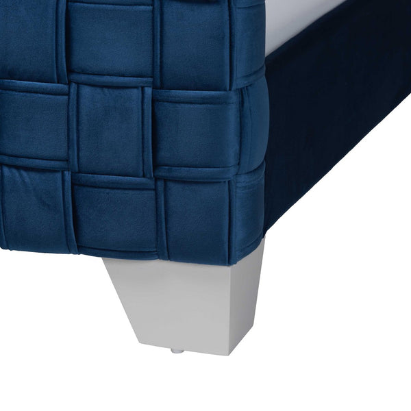 Baxton Studio Baxton Studio Emlyn Glam Velvet Queen Bed - Luxe Navy Blue Design with Basketweave Headboard & Footboard Emlyn-Navy Blue-Queen