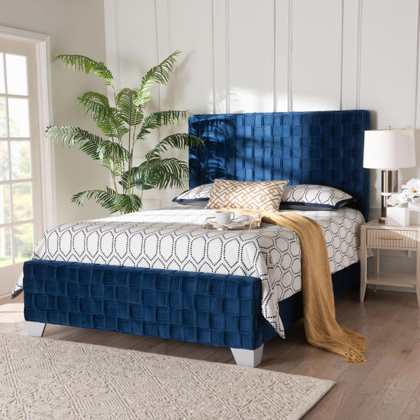 Baxton Studio Baxton Studio Emlyn Glam Velvet Queen Bed - Luxe Navy Blue Design with Basketweave Headboard & Footboard Emlyn-Navy Blue-Queen