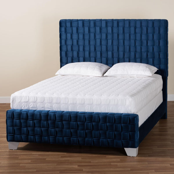 Baxton Studio Baxton Studio Emlyn Glam Velvet Queen Bed - Luxe Navy Blue Design with Basketweave Headboard & Footboard Emlyn-Navy Blue-Queen