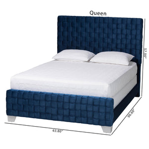 Baxton Studio Baxton Studio Emlyn Glam Velvet Queen Bed - Luxe Navy Blue Design with Basketweave Headboard & Footboard Emlyn-Navy Blue-Queen