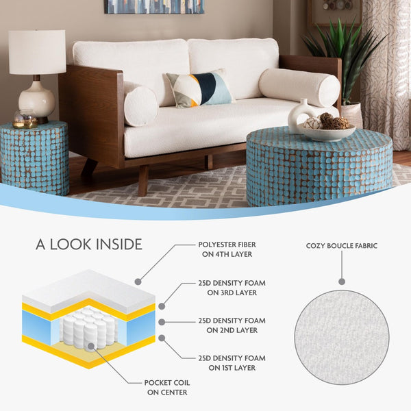 Baxton Studio Baxton Studio Uriel Mid-Century Modern Boucle Sofa with Supportive Seating for Stylish Living Spaces Cream Uriel-3S-Vanilla/Walnut-SF