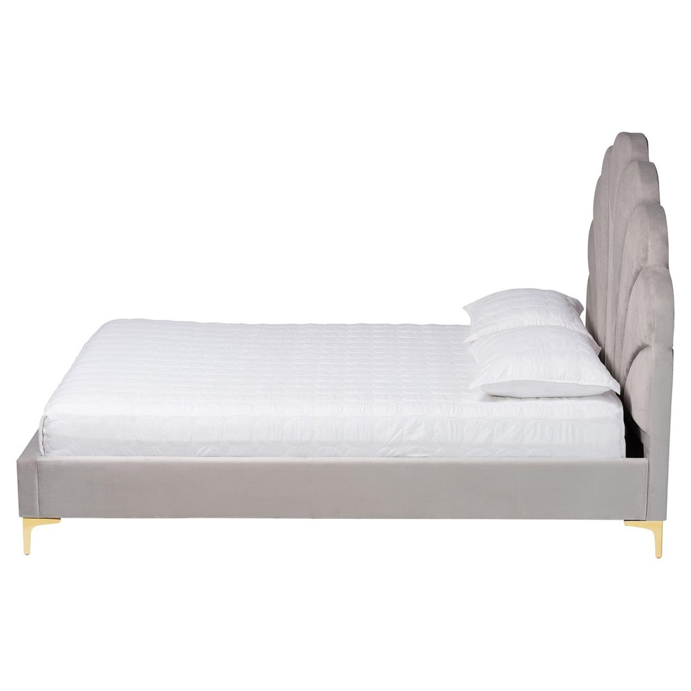 Baxton Studio Baxton Studio Acosta Glam Queen Platform Bed in Light Grey Velvet with Seashell Headboard Design CF9434-Light Grey-Queen