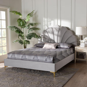 Baxton Studio Baxton Studio Acosta Glam Queen Platform Bed in Light Grey Velvet with Seashell Headboard Design CF9434-Light Grey-Queen
