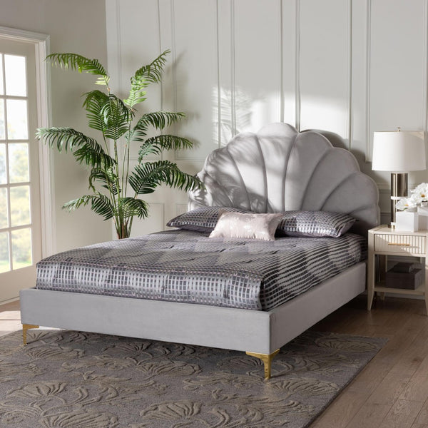 Baxton Studio Baxton Studio Acosta Glam Queen Platform Bed in Light Grey Velvet with Seashell Headboard Design CF9434-Light Grey-Queen